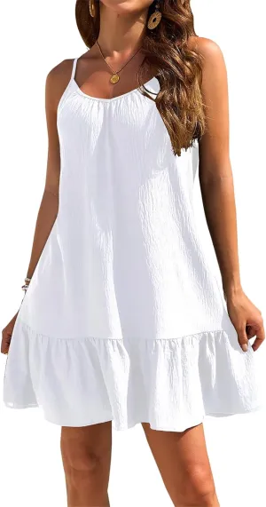 Womens Swimsuit Cover Up Spaghetti Straps Beach Mini Dress Ruffle Hem Tank Dresses Summer Vacation Sundress 2025