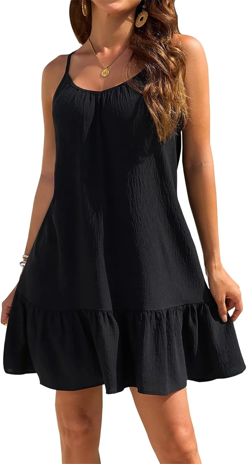 Womens Swimsuit Cover Up Spaghetti Straps Beach Mini Dress Ruffle Hem Tank Dresses Summer Vacation Sundress 2025