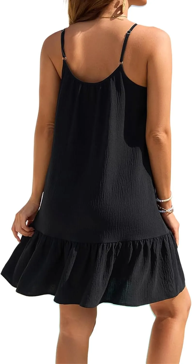 Womens Swimsuit Cover Up Spaghetti Straps Beach Mini Dress Ruffle Hem Tank Dresses Summer Vacation Sundress 2025