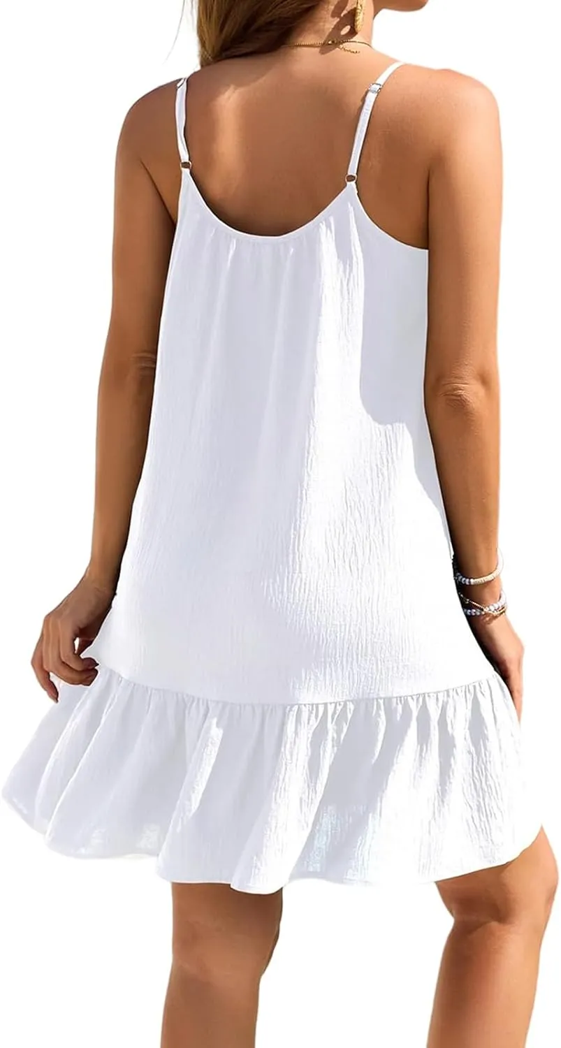 Womens Swimsuit Cover Up Spaghetti Straps Beach Mini Dress Ruffle Hem Tank Dresses Summer Vacation Sundress 2025