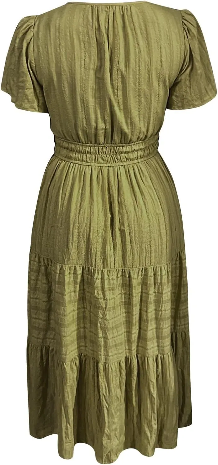 Women's Swing Dresses Knee Length Maxi Dress Elastic Waist Boho Flowy Sundress Beach Vacation Casual Midi Dress