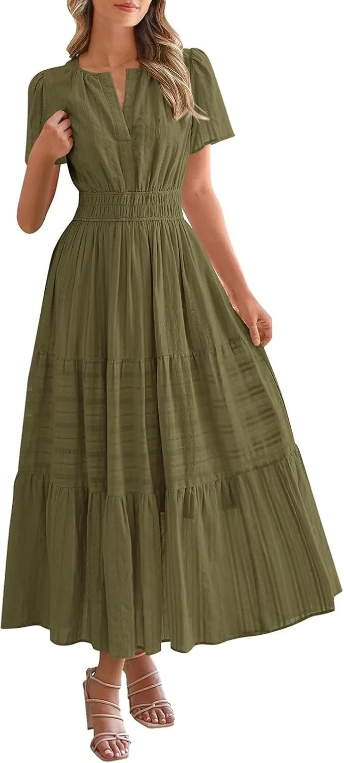Women's Swing Dresses Knee Length Maxi Dress Elastic Waist Boho Flowy Sundress Beach Vacation Casual Midi Dress
