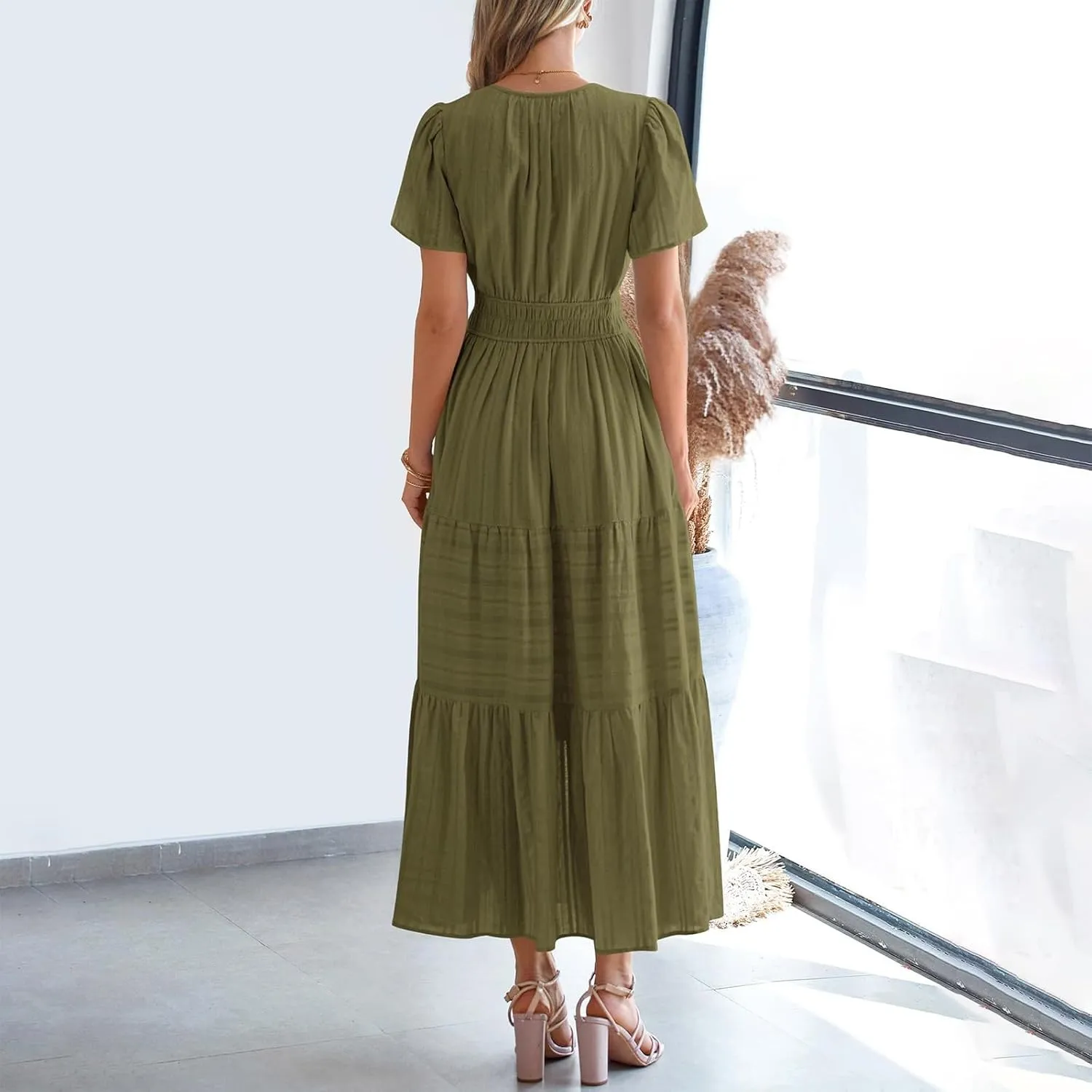 Women's Swing Dresses Knee Length Maxi Dress Elastic Waist Boho Flowy Sundress Beach Vacation Casual Midi Dress
