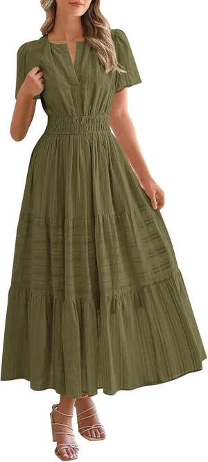 Women's Swing Dresses Knee Length Maxi Dress Elastic Waist Boho Flowy Sundress Beach Vacation Casual Midi Dress