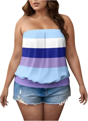 Womens Trendy Tube Tank Tops Plus Size Summer Striped Printed Strapless Pleated Backless Vests Loose Comfy Top
