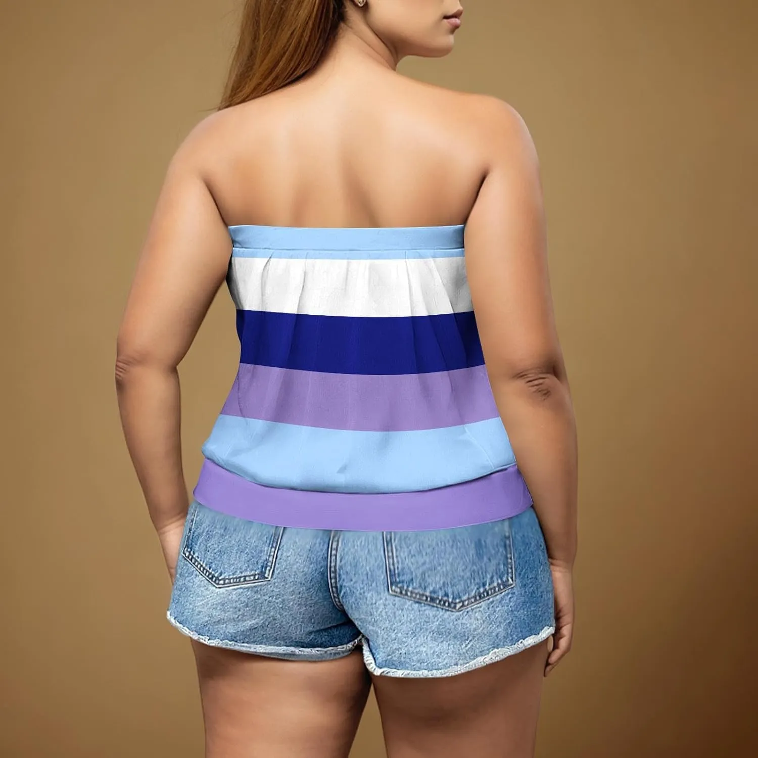 Womens Trendy Tube Tank Tops Plus Size Summer Striped Printed Strapless Pleated Backless Vests Loose Comfy Top