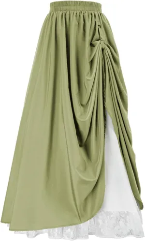 Women's Vintage Maxi Long Skirt Elastic Waist Lace Trim Ruched Flowy Long Skirt Gothic Victorian Renaissance Skirts