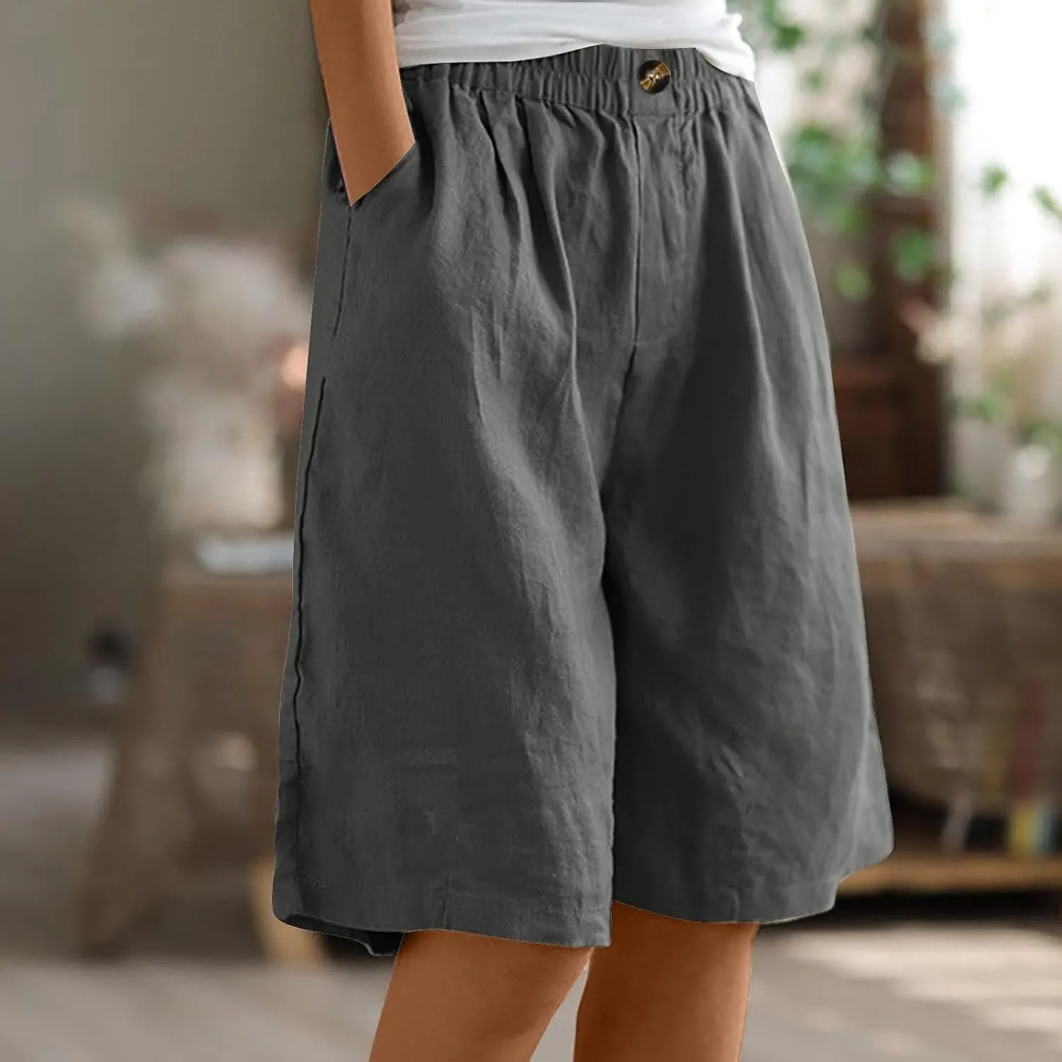 Womens Wide Leg Cotton Linen Shorts 2025 Comfy Bermuda Shorts Summer Casual Short Pants Loose Knee Length Shorts