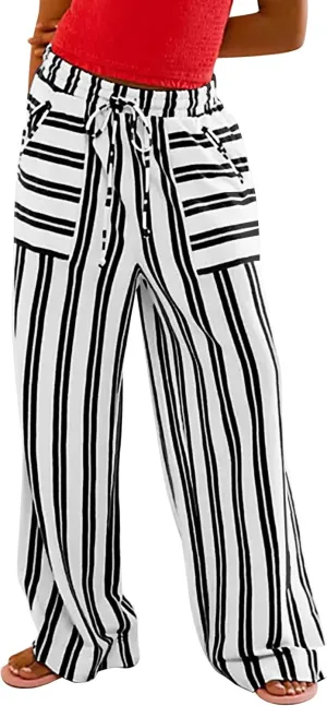 Womens Wide Leg Striped Pants Loose Fit Drawstring Comfy High Waist Striped Lounge Pants with Pockets