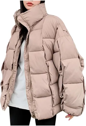 Women's Winter Coat Thicken Puffer Padded Quilted Lapel Down Jacket Outdoor Warm Lightweight Casual Zipper Parka Outwear