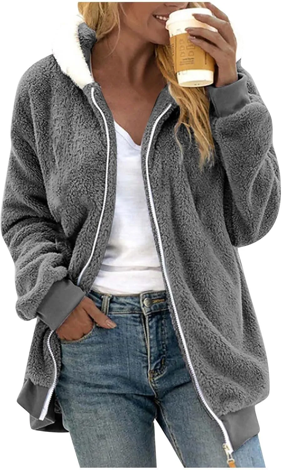 Women's Winter Coats Flannel Jacket Plus Size Hoodies Fleece Lined Jacket Zip Up Fur Cardigan Fleece Jackets for Women