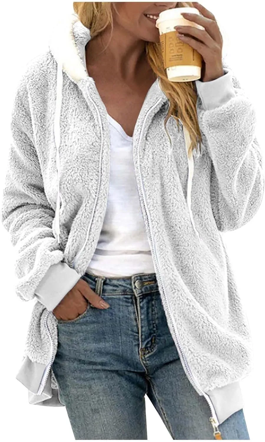 Women's Winter Coats Flannel Jacket Plus Size Hoodies Fleece Lined Jacket Zip Up Fur Cardigan Fleece Jackets for Women