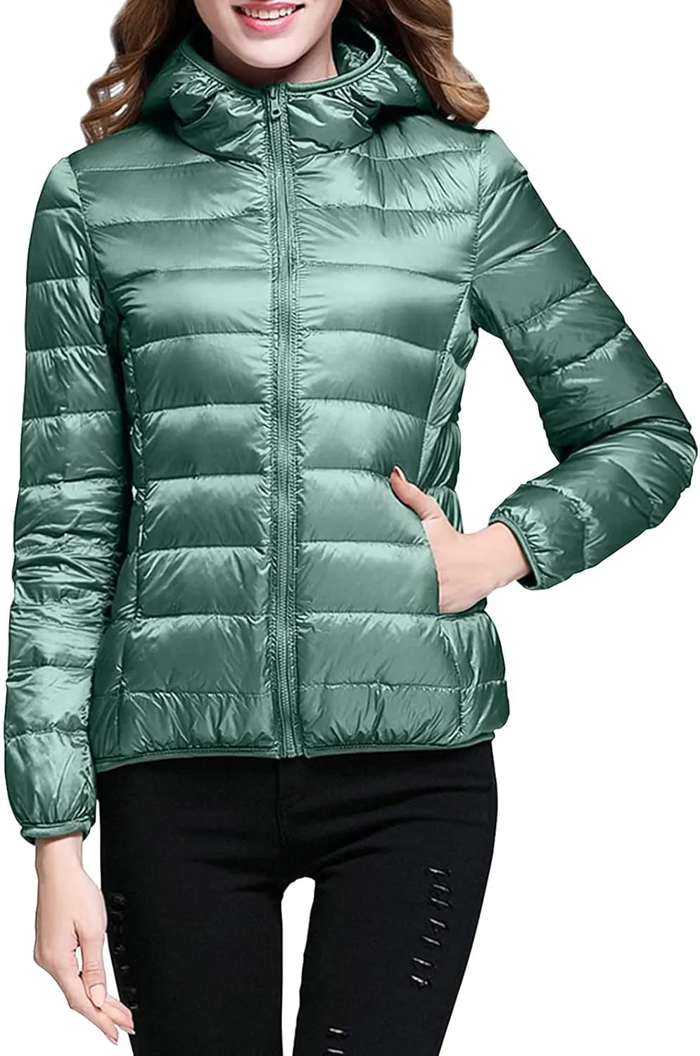 Womens Winter Cropped Jackets Packable Lightweight Solid Color Casual Puffer Jacket Warm Zip Up Hooded Quilted Down Jacket