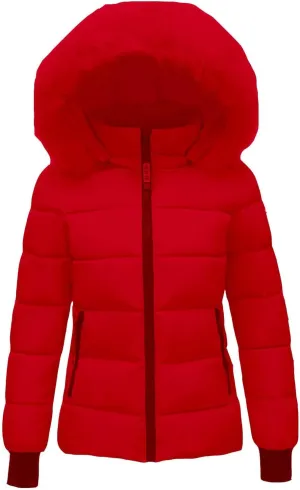 Women's Winter Quilted Puffer Coat Jacket Windproof Thicken Warm Down Coats with Removable Faux Fur Hood and Zipper