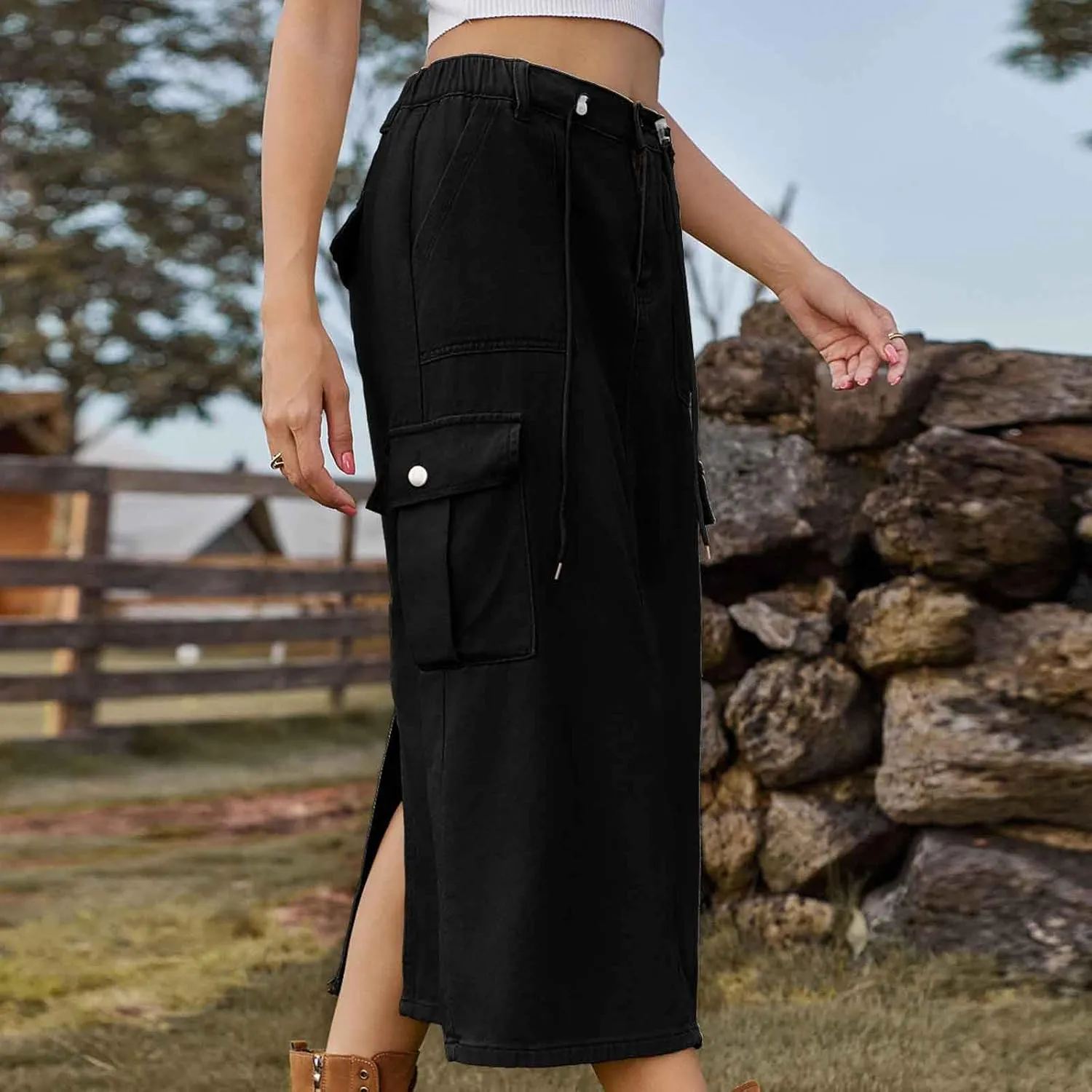 Women's Y2K Cargo Skirt High Waisted Adjustable Drawstring Casual A-Line Midi Long Skirt Teen Girls Summer Skirt 2025