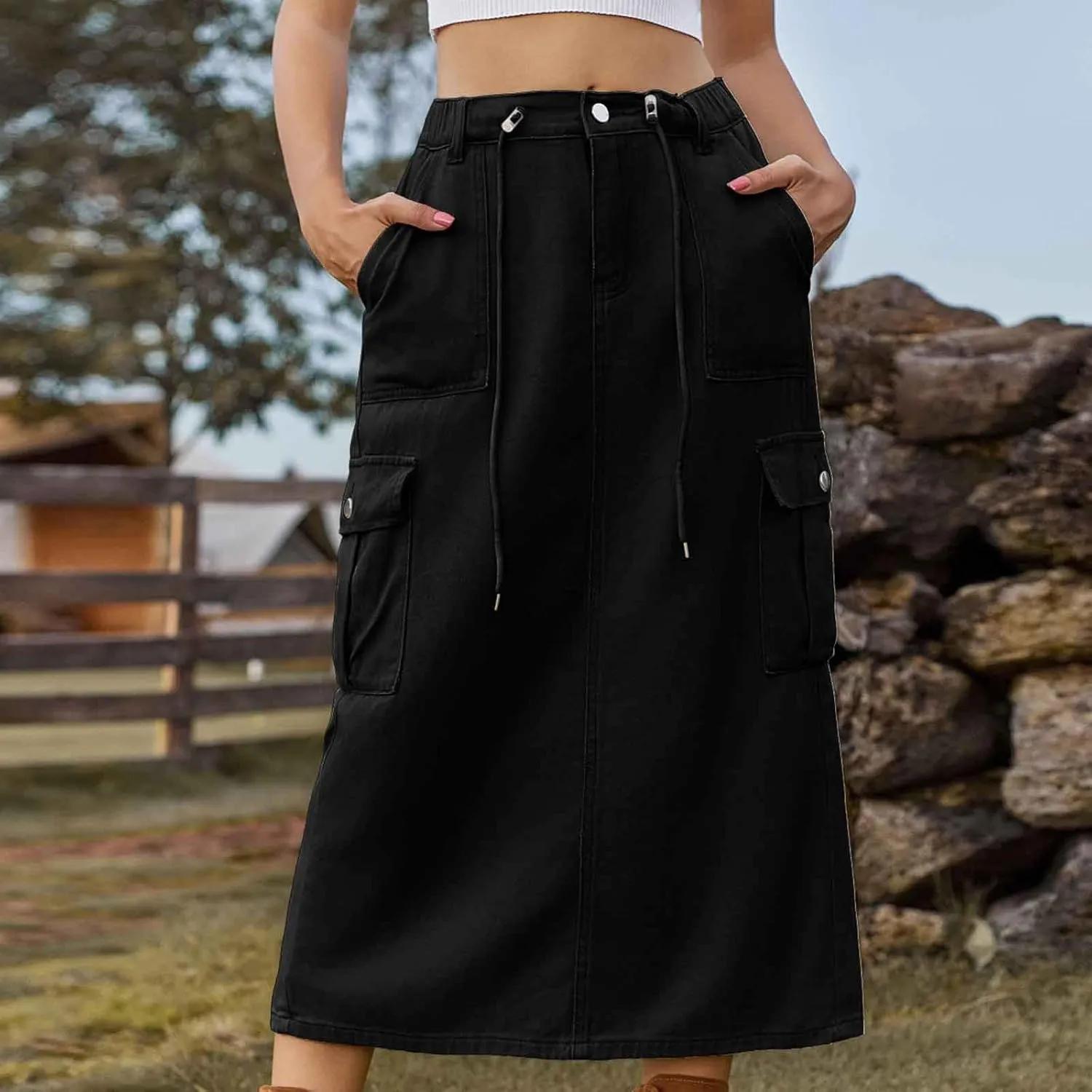 Women's Y2K Cargo Skirt High Waisted Adjustable Drawstring Casual A-Line Midi Long Skirt Teen Girls Summer Skirt 2025