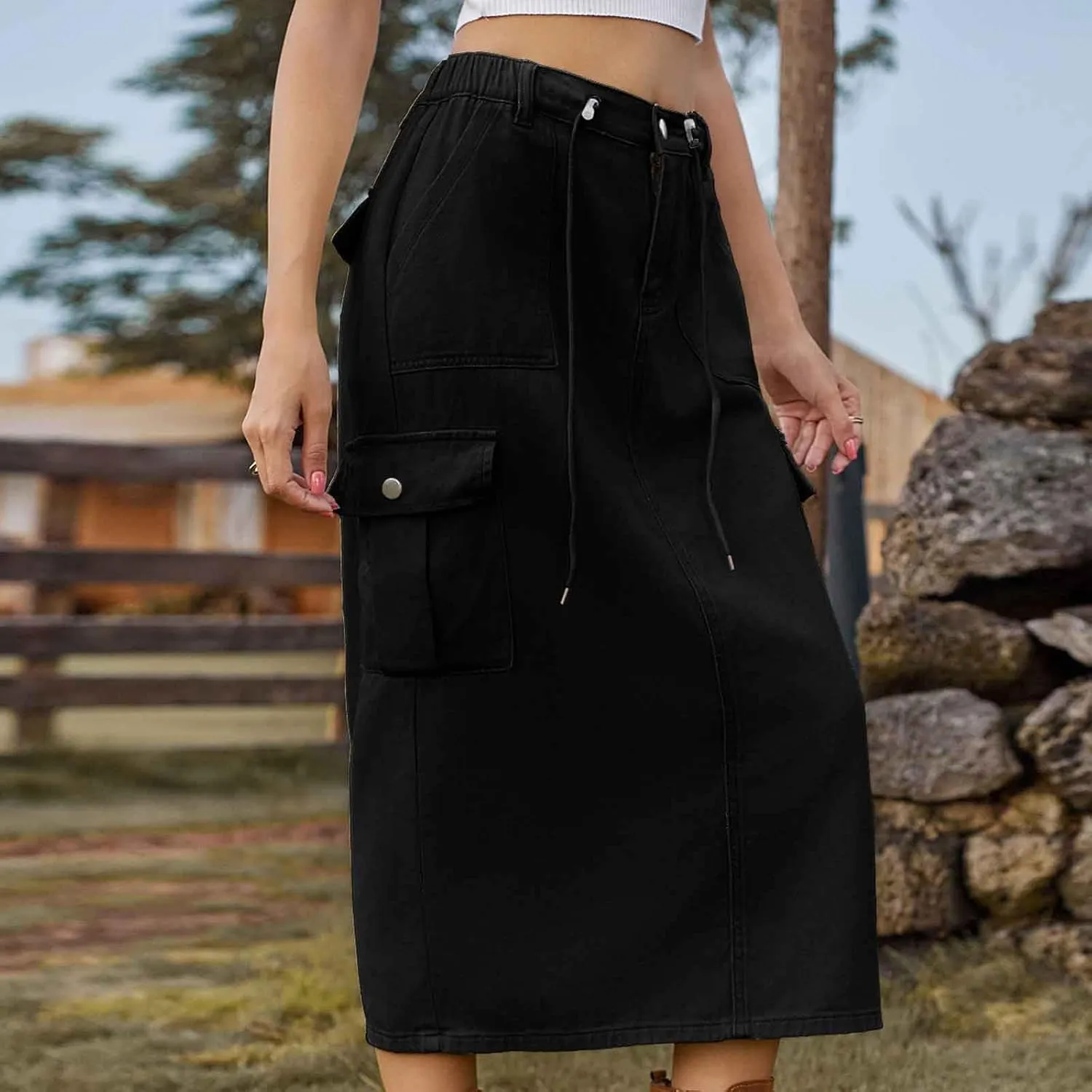 Women's Y2K Cargo Skirt High Waisted Adjustable Drawstring Casual A-Line Midi Long Skirt Teen Girls Summer Skirt 2025