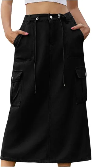 Women's Y2K Cargo Skirt High Waisted Adjustable Drawstring Casual A-Line Midi Long Skirt Teen Girls Summer Skirt 2025