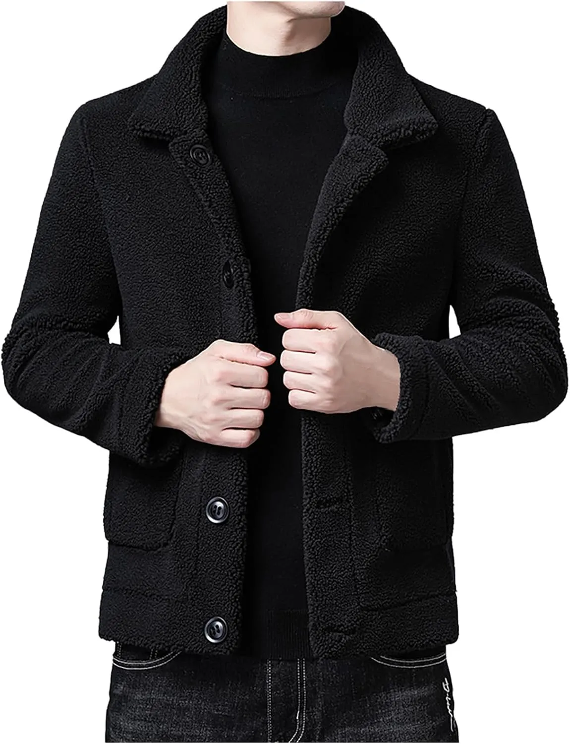 Xiaojmake Men's Shearling Jacket Leather Jacket Suede Sherpa Lined Coat Lapel Collared Flying Jacket Winter Fluffy Outerwear