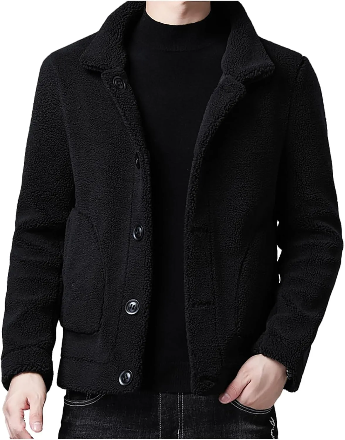 Xiaojmake Men's Shearling Jacket Leather Jacket Suede Sherpa Lined Coat Lapel Collared Flying Jacket Winter Fluffy Outerwear