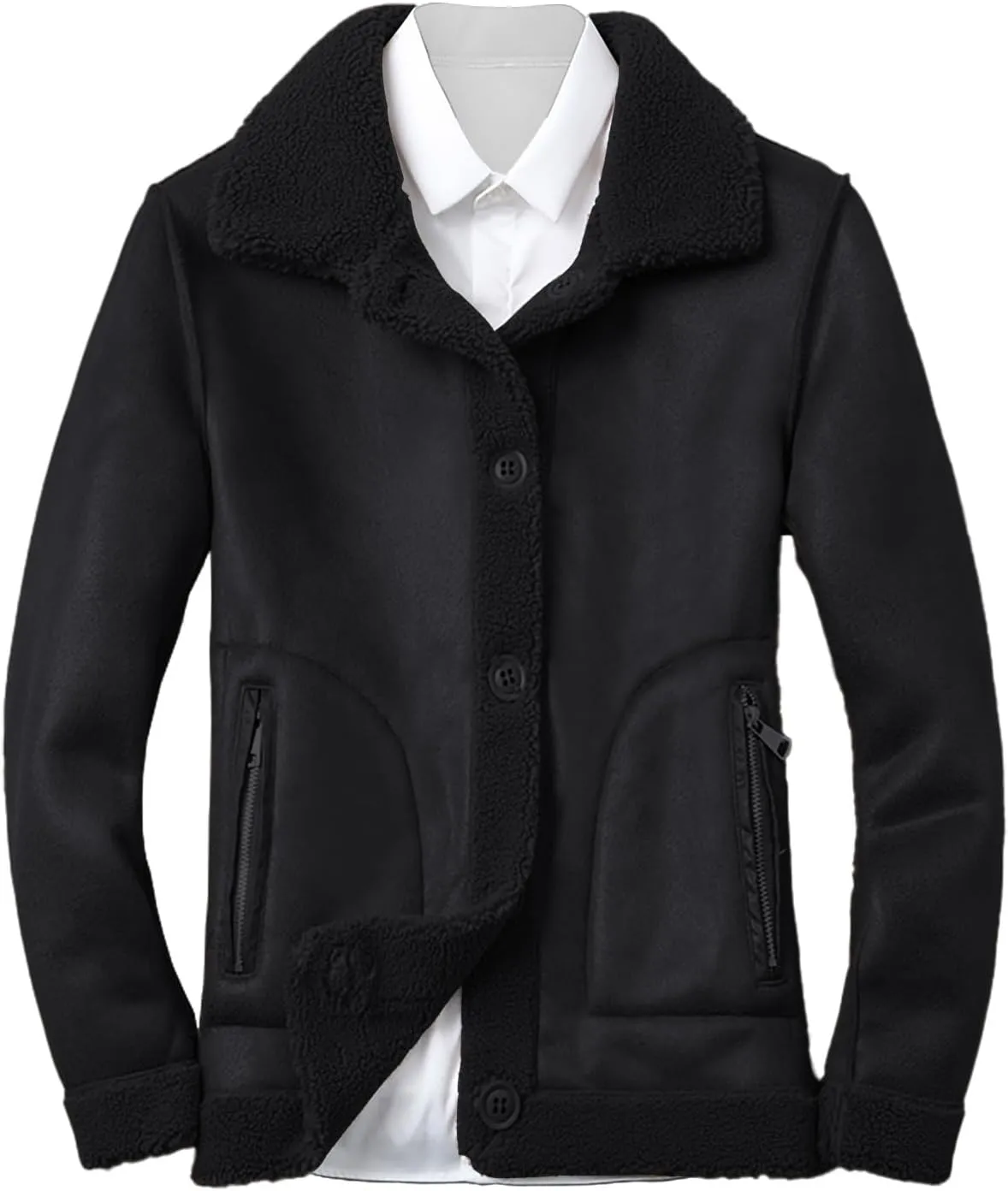 Xiaojmake Men's Shearling Jacket Leather Jacket Suede Sherpa Lined Coat Lapel Collared Flying Jacket Winter Fluffy Outerwear