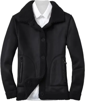 Xiaojmake Men's Shearling Jacket Leather Jacket Suede Sherpa Lined Coat Lapel Collared Flying Jacket Winter Fluffy Outerwear