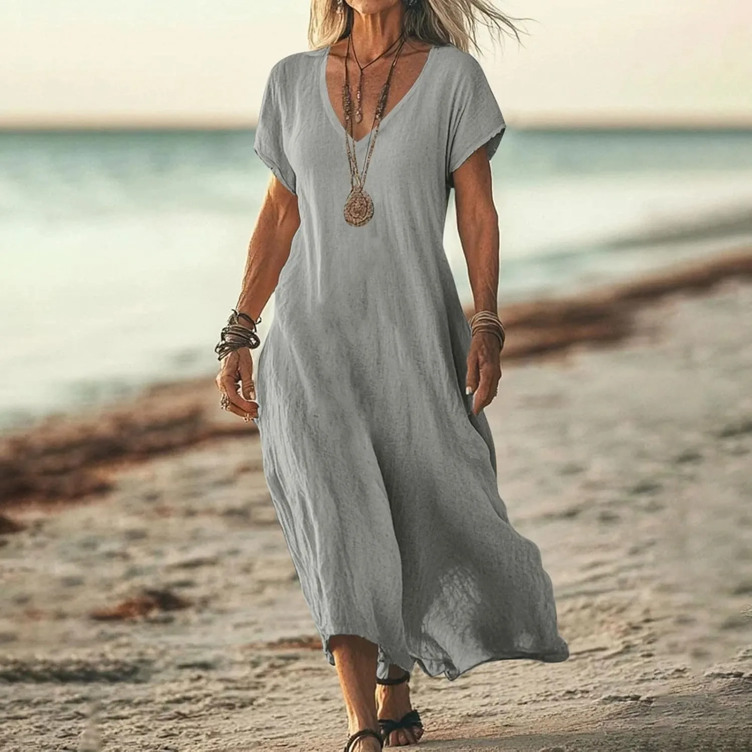 XOWRTE Linen Casual Dresses for Women Flowy V Neck Short Sleeve 2025 Maxi Dress Lightweight Summer Beach Vacation Clothes