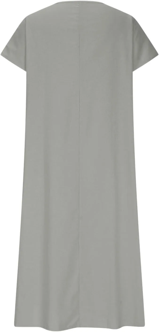 XOWRTE Linen Casual Dresses for Women Flowy V Neck Short Sleeve 2025 Maxi Dress Lightweight Summer Beach Vacation Clothes