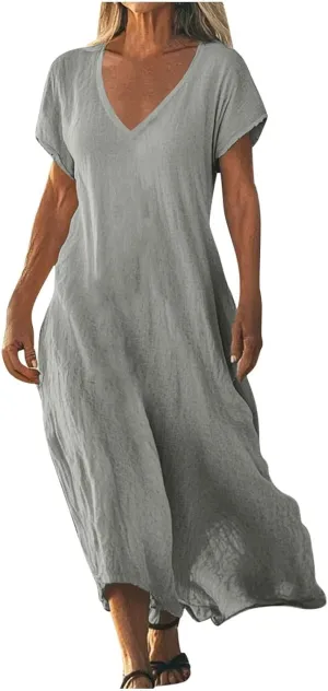 XOWRTE Linen Casual Dresses for Women Flowy V Neck Short Sleeve 2025 Maxi Dress Lightweight Summer Beach Vacation Clothes