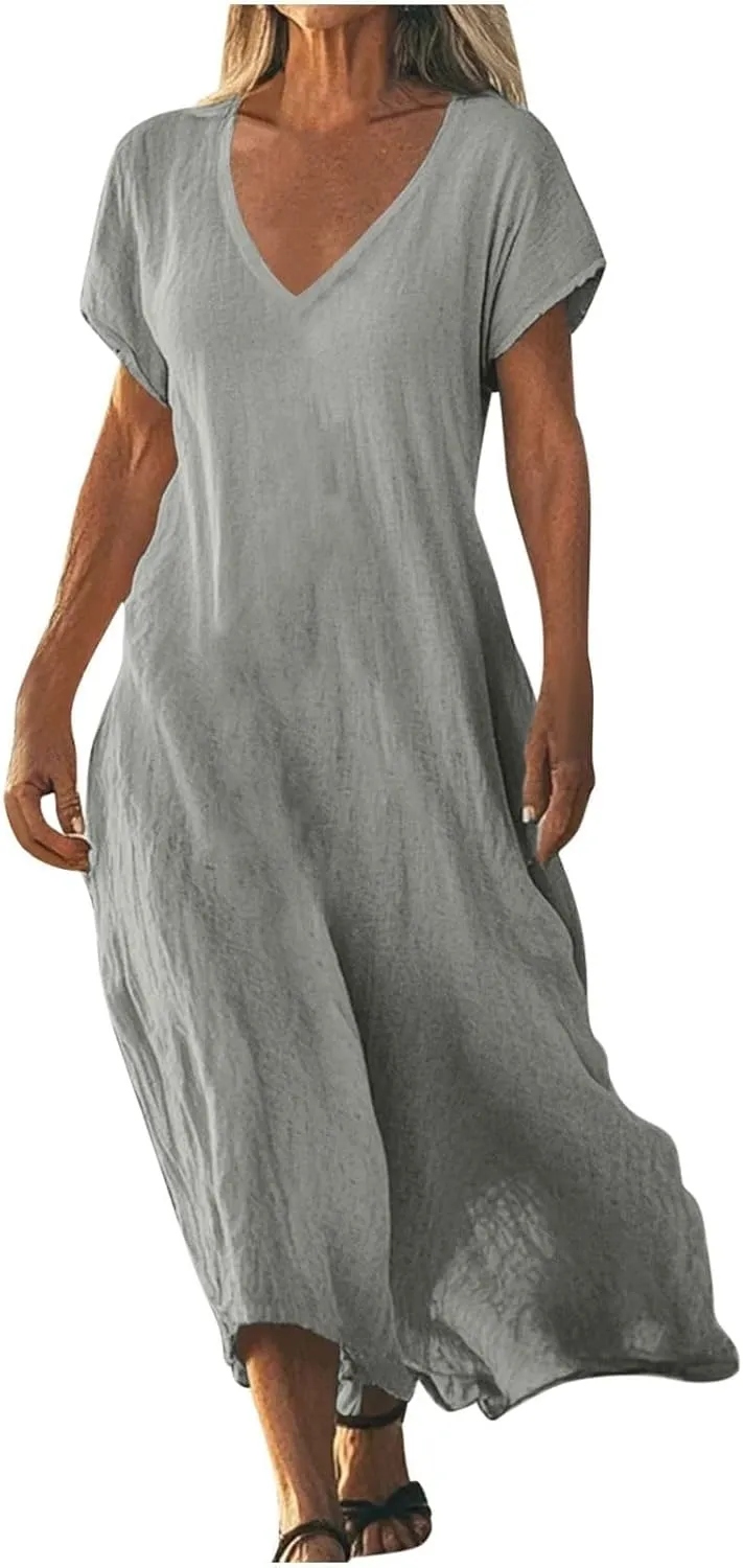 XOWRTE Linen Casual Dresses for Women Flowy V Neck Short Sleeve 2025 Maxi Dress Lightweight Summer Beach Vacation Clothes