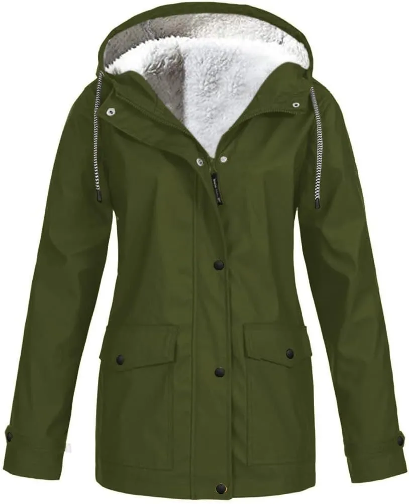 XUETON Women's Casual Zip Up Anork Jackets Thick Fleece Lined Plush Hooded Faux Hooded Thicken Warm Utility Anorak Safari Coat