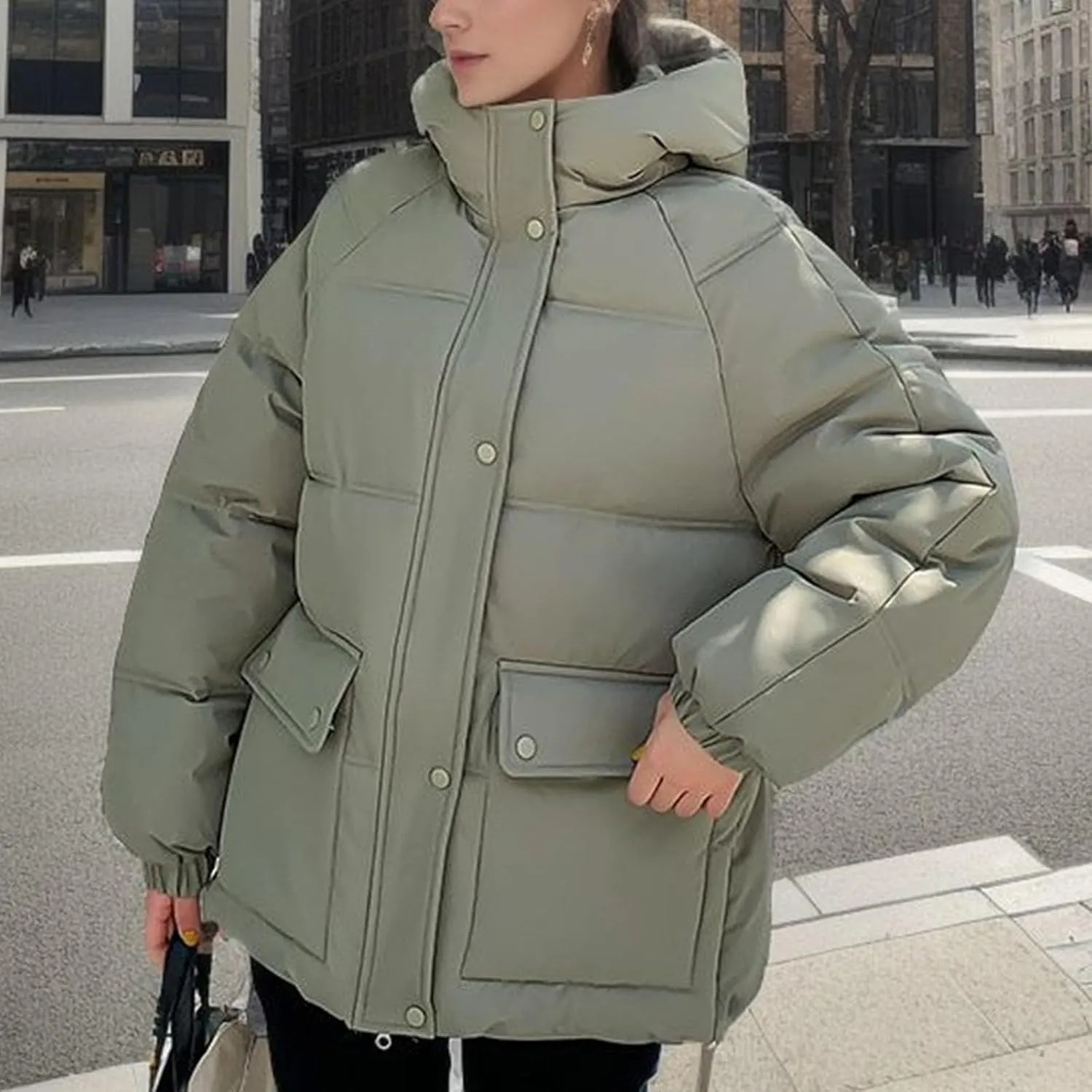 XUNRYAN Womens Winter Warm Down Coat Hooded Puffer Jackets Baggy Quilted Lightweight Cropped Jackets Overcoat Activewear
