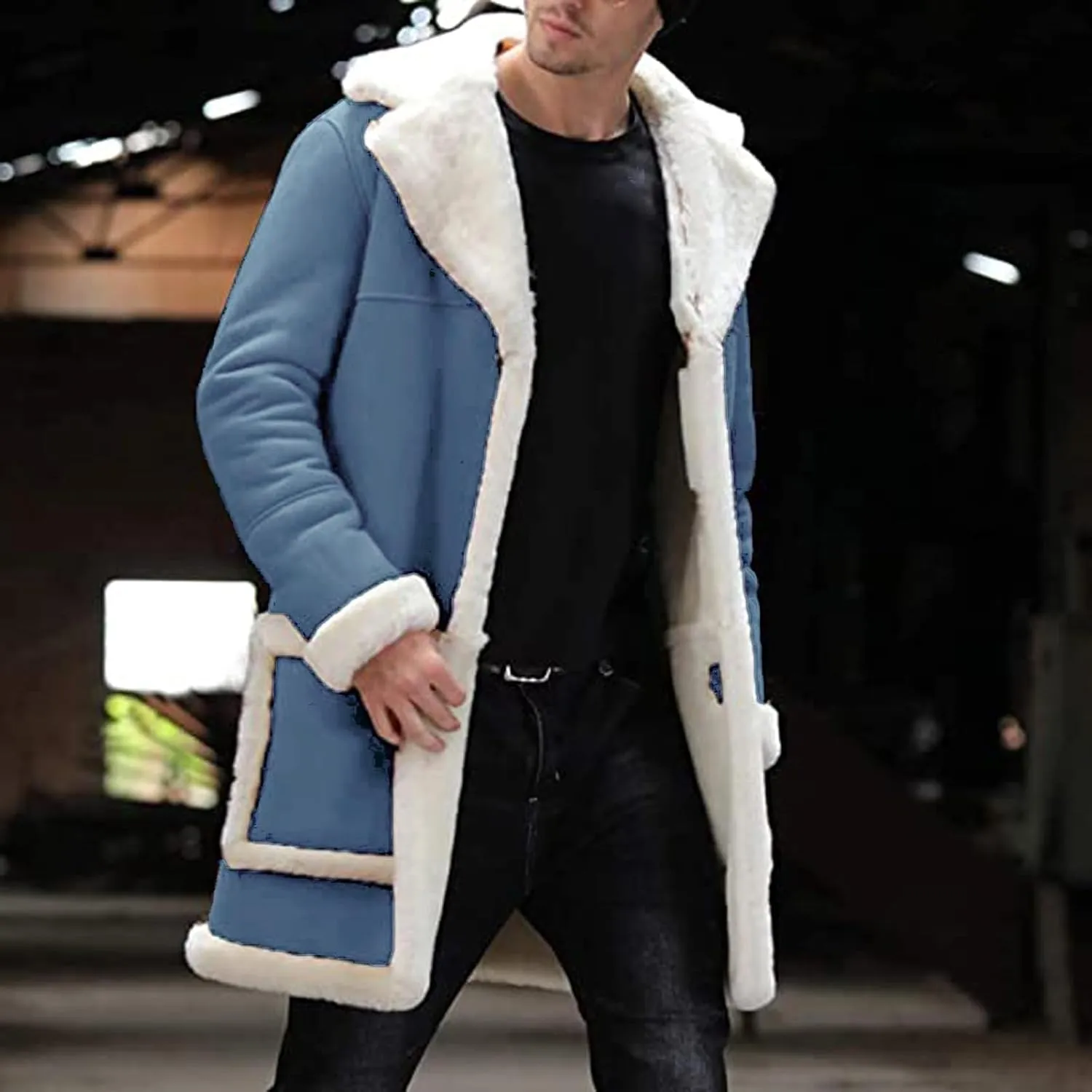Ymosrh Men's Warm Coat Casual Sherpa Fleece Lined Jackets Winter Fur Collar Long Trench Coats with Pockets Jacket, M-5XL