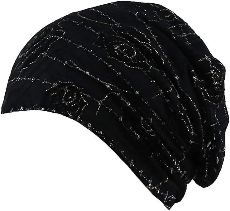 YOLAI African Women Rose Lace Turban Hat Knitting Soft Comfortable Head Scarf Wrap Cancer Chemo Headwraps (Black, One Size)