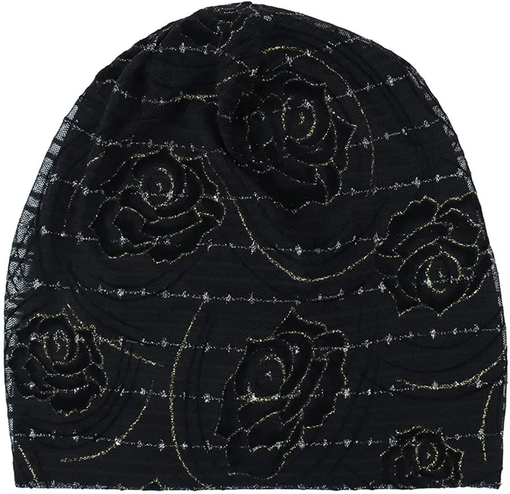 YOLAI African Women Rose Lace Turban Hat Knitting Soft Comfortable Head Scarf Wrap Cancer Chemo Headwraps (Black, One Size)
