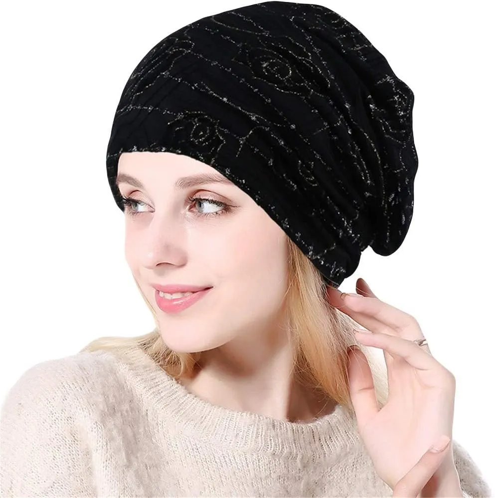 YOLAI African Women Rose Lace Turban Hat Knitting Soft Comfortable Head Scarf Wrap Cancer Chemo Headwraps (Black, One Size)