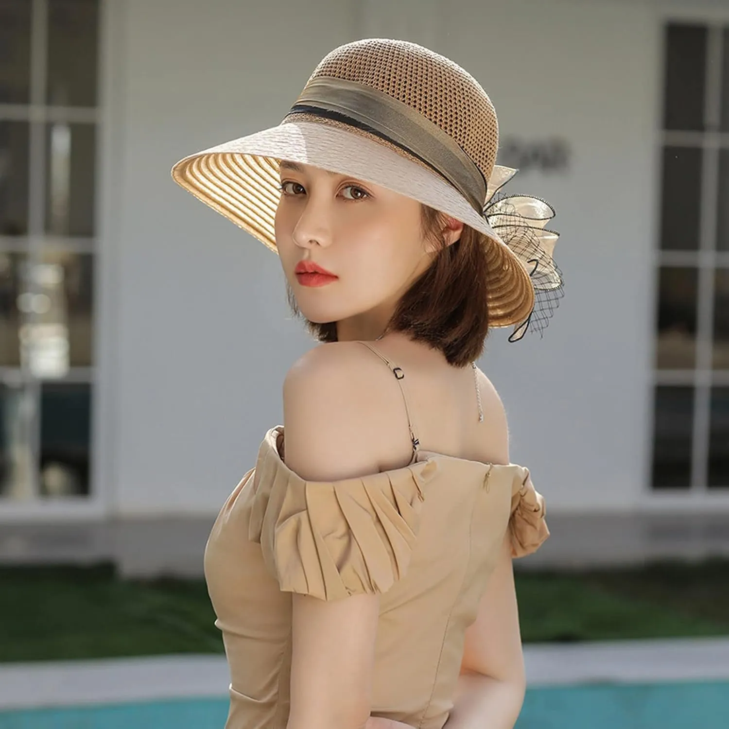 YOLAI Church Hats for Women Fashionable 2024 Hats 1950S 20S with Rhinestone Wide Brim