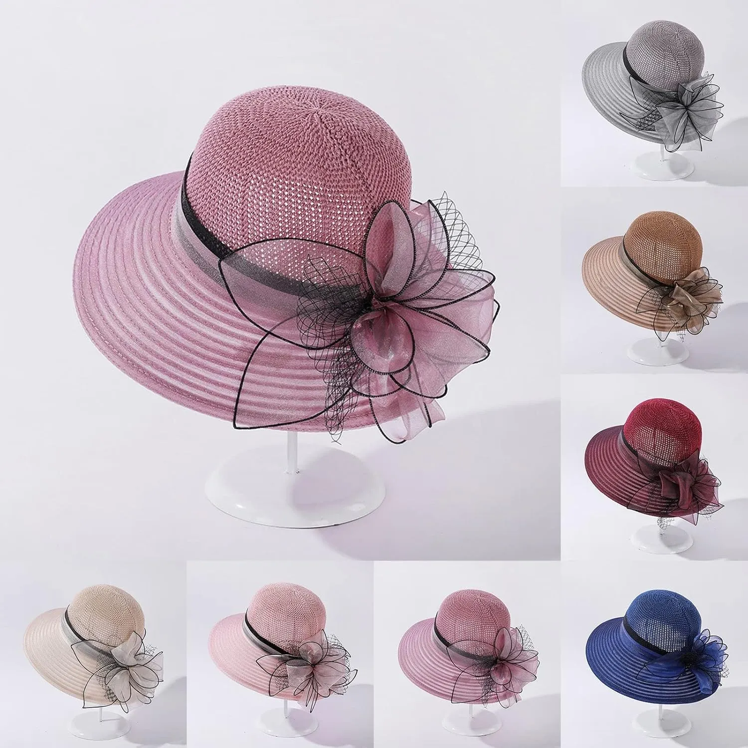YOLAI Church Hats for Women Fashionable 2024 Hats 1950S 20S with Rhinestone Wide Brim