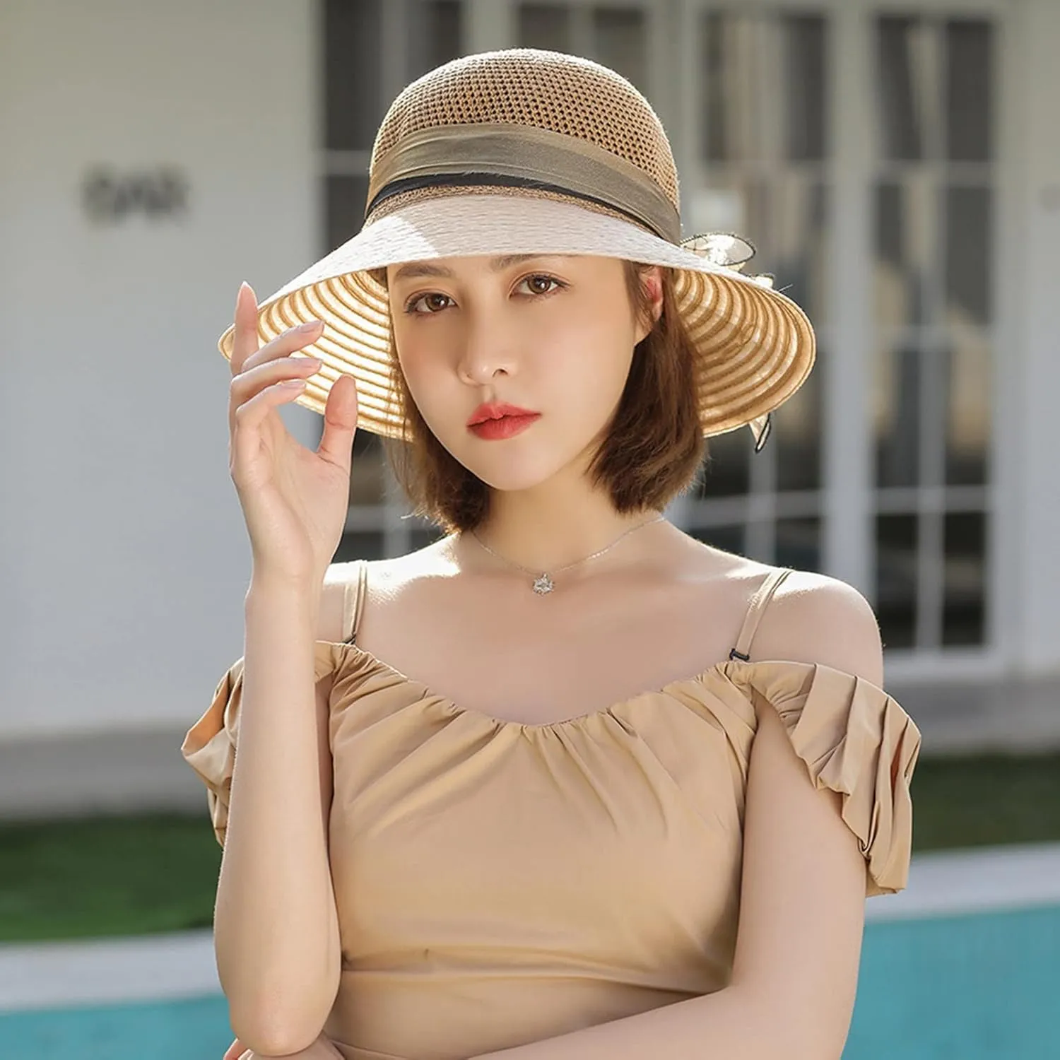 YOLAI Church Hats for Women Fashionable 2024 Hats 1950S 20S with Rhinestone Wide Brim