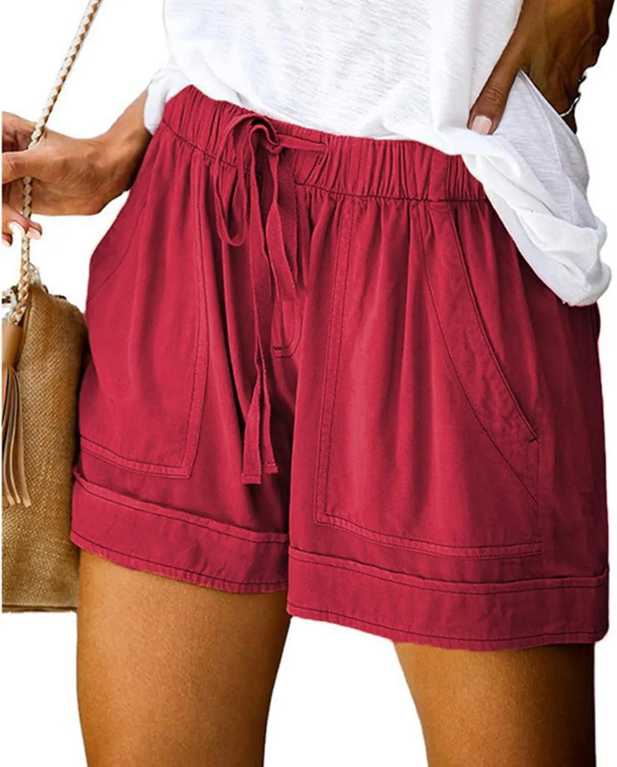 ZDRZK Womens Summer Shorts Plus Size Solid Comfy Drawstring Casual Shorts Elastic Waist Pocket Loose Travel Shorts Pants