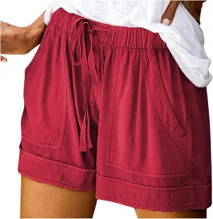 ZDRZK Womens Summer Shorts Plus Size Solid Comfy Drawstring Casual Shorts Elastic Waist Pocket Loose Travel Shorts Pants