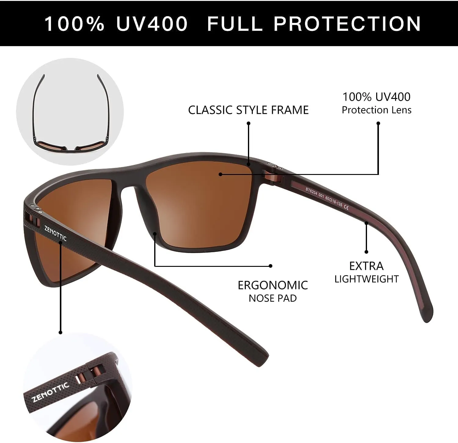 ZENOTTIC Polarized Sunglasses for Men Lightweight TR90 Frame UV400 Protection Square Sun Glasses